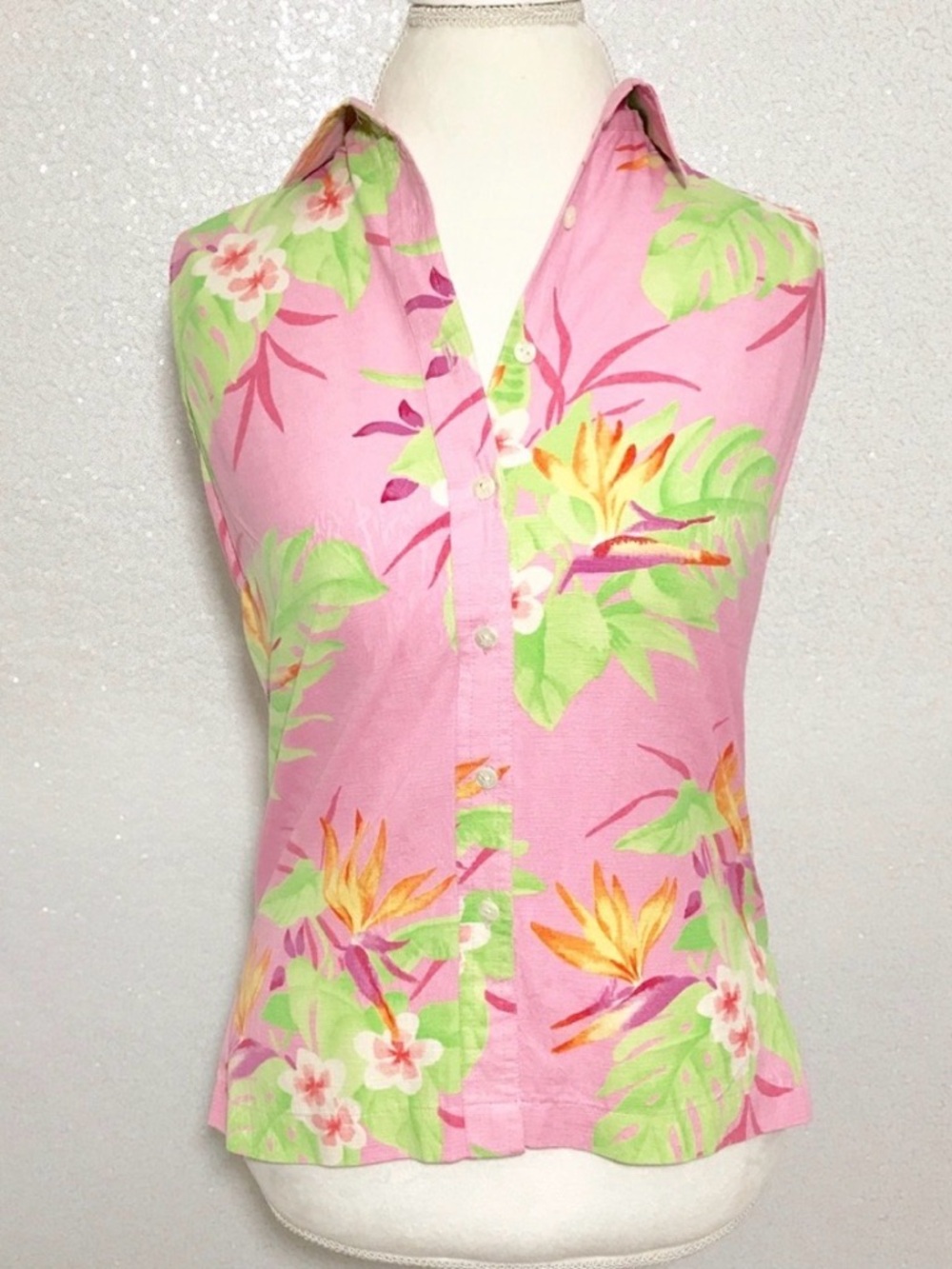 Izod Silk Tropical Floral Sleeveless Blouse Pink Size 6